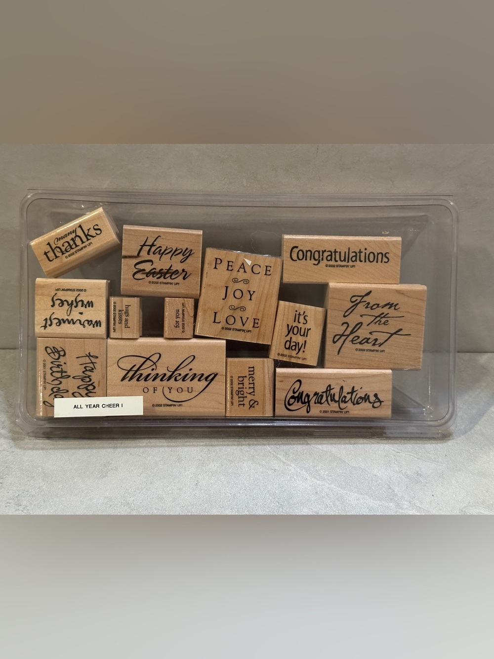 Vtg 2002 Stampin Up All Year Cheer Set Of 12 EUC Mounted Rubber Wood Stamps